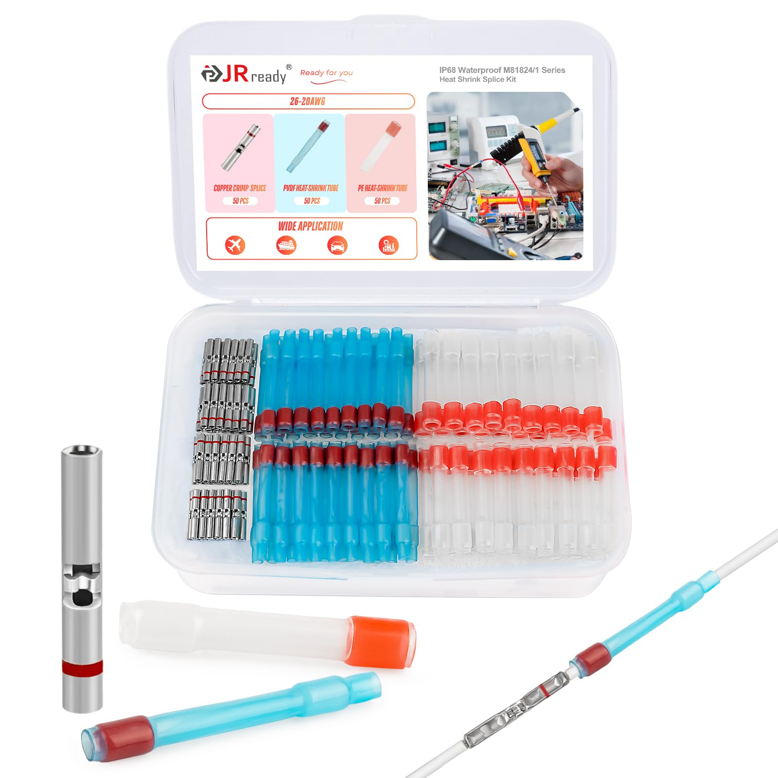 JRready 50Set IP68 Waterproof Heat Shrink Butt Splice Connector Red Environmental Crimp Splice Kit 26–20 AWG (D-436-36, M81824/1-1) Butt Connectors with PVDF/PE Sleeves ST6385-20-50