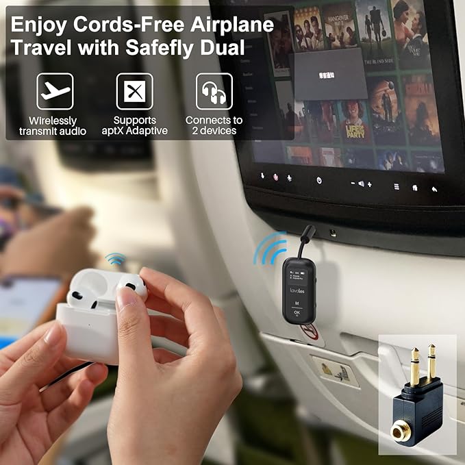Bluetooth 5.3 Transmitter Receiver for Airplane to 2 Headphone – AptX Low Latency, 100ft Long Range, 25H Playtime, 2-in-1 Wireless Bluetooth Audio Adapter W/Screen for TV, Tablets, Speakers