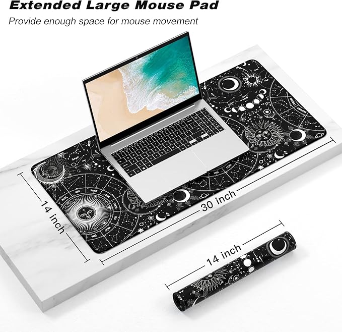 Extended Gaming Mouse Pad, XXL Large Desk Pad 30 x 14 Inch, Big Computer Keyboard Mousepad, Waterproof Mouse Mat with Stitched Edges and Non-Slip Base for Women Office Gaming, Sun Moon