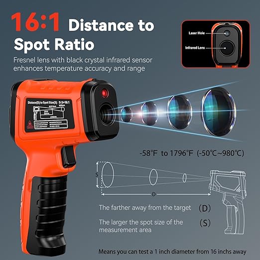 Infrared Temperature Gun -58°F to 1796°F, Dual-Mode Thermometer Gun with K-Type Thermocouple(-58°F to 572°F), Laser Temp Guns for Reptiles, Cooking, Griddle, Oven, 16:1 Home Handheld Thermometer