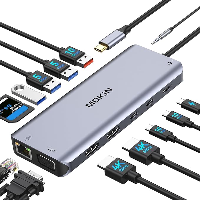 USB C Laptop Docking Station Dual Monitor, 14 in 1 Docking Station 3 Monitors Multiport Adapter with 2 HDMI 4K, VGA, RJ45 Ethernet, 10 Gbps USB C/A, 100W PD, SD/TF, 3.5MM Audio&Mic for Dell HP Lenovo