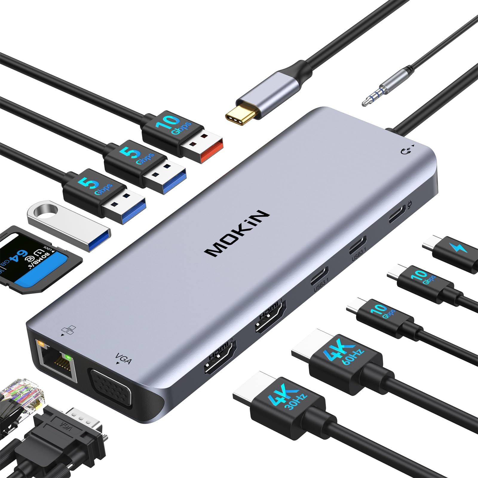 USB C Laptop Docking Station Dual Monitor, 14 in 1 Docking Station 3 Monitors Multiport Adapter with 2 HDMI 4K, VGA, RJ45 Ethernet, 10Gbps USB C/A, 100W PD, SD/Micro SD, 3.5MM Audio&Mic for Dell HP