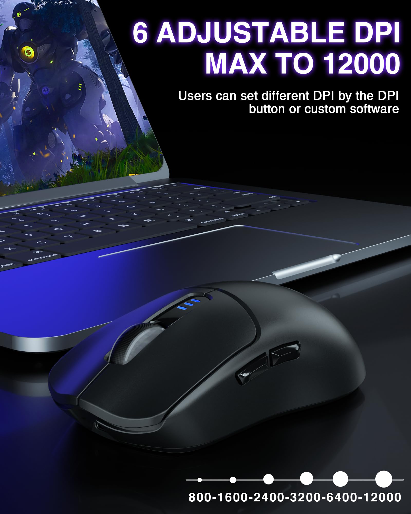 AULA SC580 Wireless Gaming Mouse, Tri-Mode 2.4G/BT5.0/USB-C Gaming Mouse, 12000 DPI Rechargeable Wireless Mouse with 6 Programmable Buttons, Ergonomic Computer Mouse for Laptop/PC/Mac/Tablet
