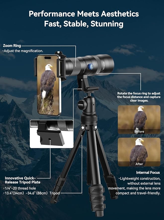 MIAO LAB 20-60X Zoom Telephoto Lens, High Power Telephoto Mobile Cell Phone Lens with Tripod & Universal Phone Clip, for iPhone 16/15/14/13 Series, Samsung, Android Phone and Most Smartphone