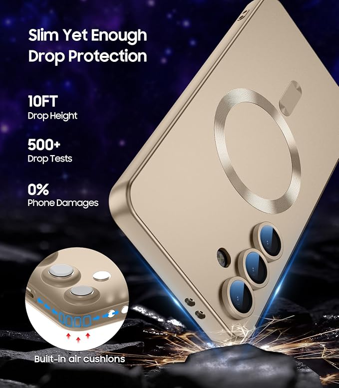 Magnetic for Samsung Galaxy S25 Case [Compatible with MagSafe][Built-in Camera Lens Protector] Slim Soft Silicone Bumper Shockproof Metallic Luster Phone Shell (Gold)