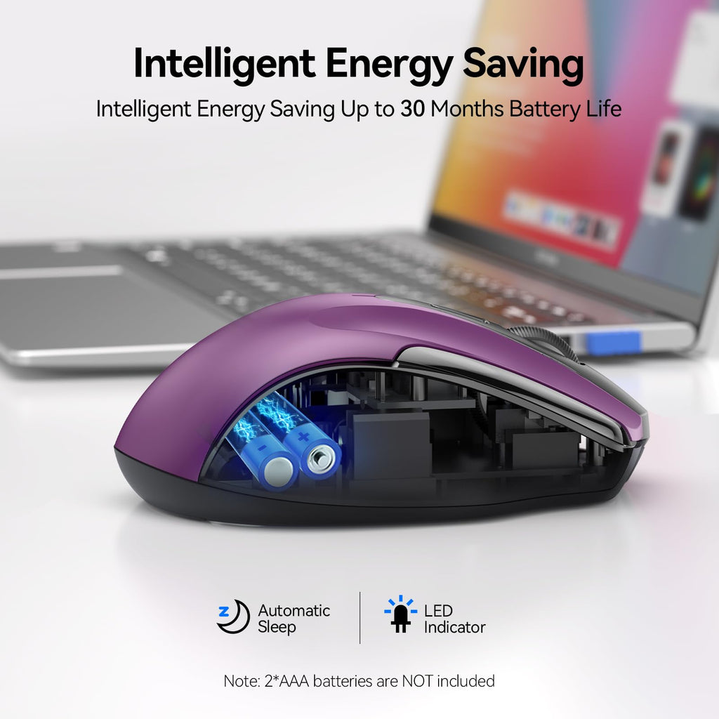 TECKNET Wireless Mouse, BT 5.0/2.4G, Silent 4800 DPI 6 Buttons, Purple