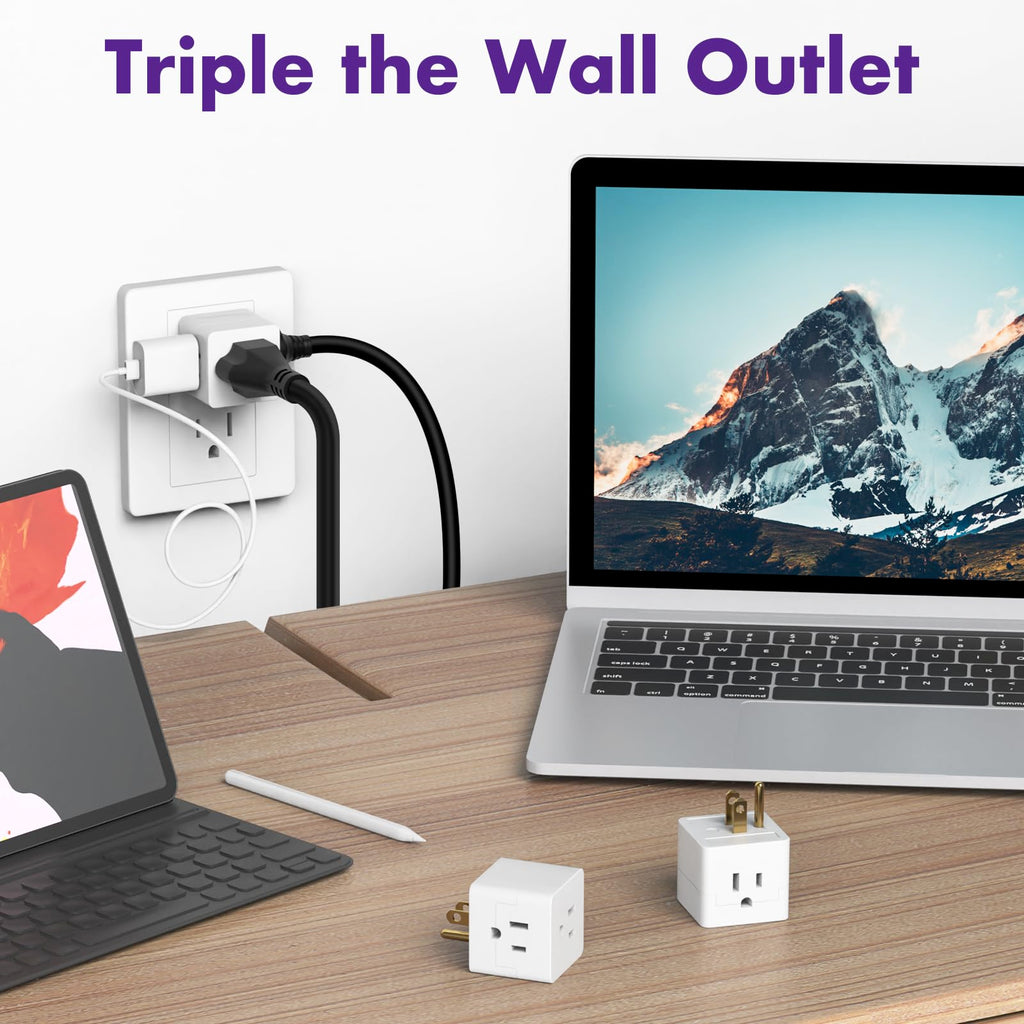 POWERCORDS 3 Outlet Cube Wall Adapter, 3 Pack, Recessed Outlet Extender, Low Profile 3 Prong Plug Splitter, Grounded Wall Tap, 90° Compact Adapter, Cruise & Travel, UL Listed 15A 125V White
