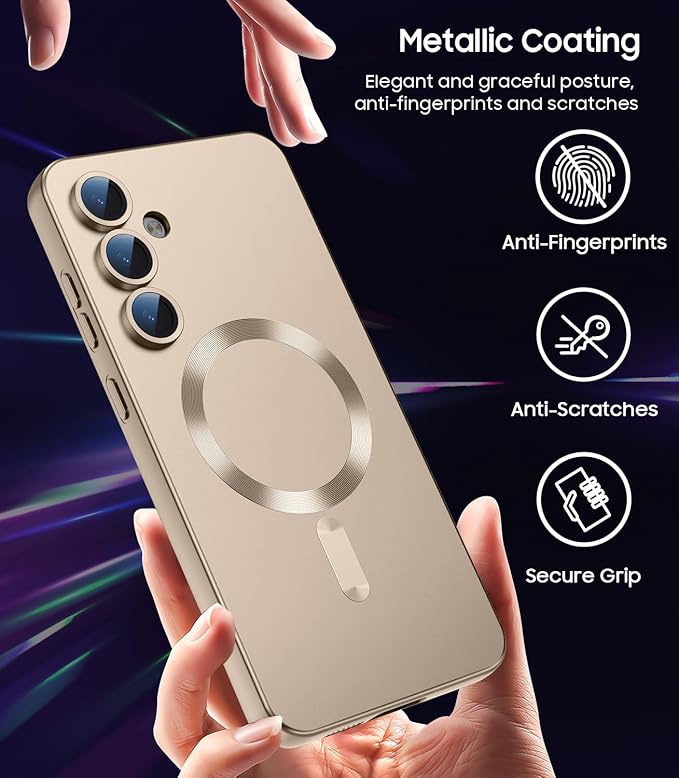 Magnetic for Samsung Galaxy S24 Case [Compatible with MagSafe][Built-in Camera Lens Protector] Slim Soft Silicone Bumper Shockproof Metallic Luster Phone Case (Gold)