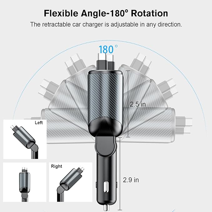Retractable Car Charger for 4 in 1 Fast Charging Max 80W【ONLY 2 Type-C Charging Cable】 for iPhone16 15/Galaxy,USB-A/C Port for iPhone16/15/14/13/Pro Max Plus,iPad,AirPods,PD 3.0 Cord