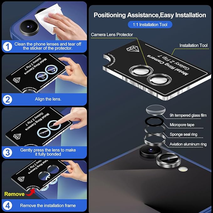 for Samsung Galaxy Z Flip 7 Camera Lens Protector, Individual Metal Ring Tempered Glass Lens Cover, [Strong Adsorption] Scratch Resistant Ultra-Thin HD Clear Lens Cover, 1 Set-Black