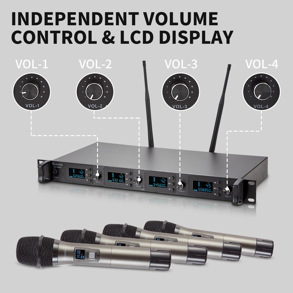 Boeska Wireless Microphone System, 4-Channel UHF Wireless Mic, Fixed Frequency Metal Cordless Mic with 4 Handheld Dynamic Microphones, 200ft Range, Mics for Singing, Church (4 Handheld)