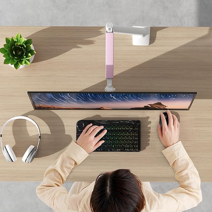 PHOLITEN Single Monitor Arm Fits 13-32 inch,4.4-19.8lbs Screen, Fully Adjustable Gas Spring Arm, Computer Monitor Stand with VESA 75 * 75mm/100 * 100mm Mount,White & Pink