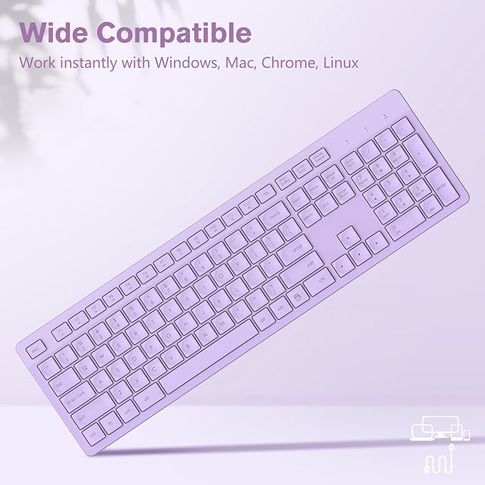 LeadsaiL Purple Wireless Keyboard, 2.4GHz Full-Sized Ergonomic Computer Keyboard, Cordless Noiseless Keyboard,12 FN Shortcuts for Windows MacOS Laptop Computer