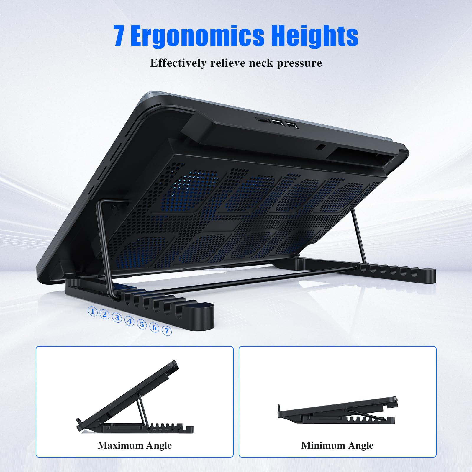 LIANGSTAR Laptop Cooling Pad, Laptop Cooler with 8 Quiet Fans for 12-17 Inch Gaming Laptop Fan Cooling Pad Stable Stand 7 Height & Wind Speed Adjustable, 2 USB Port & Phone Holder