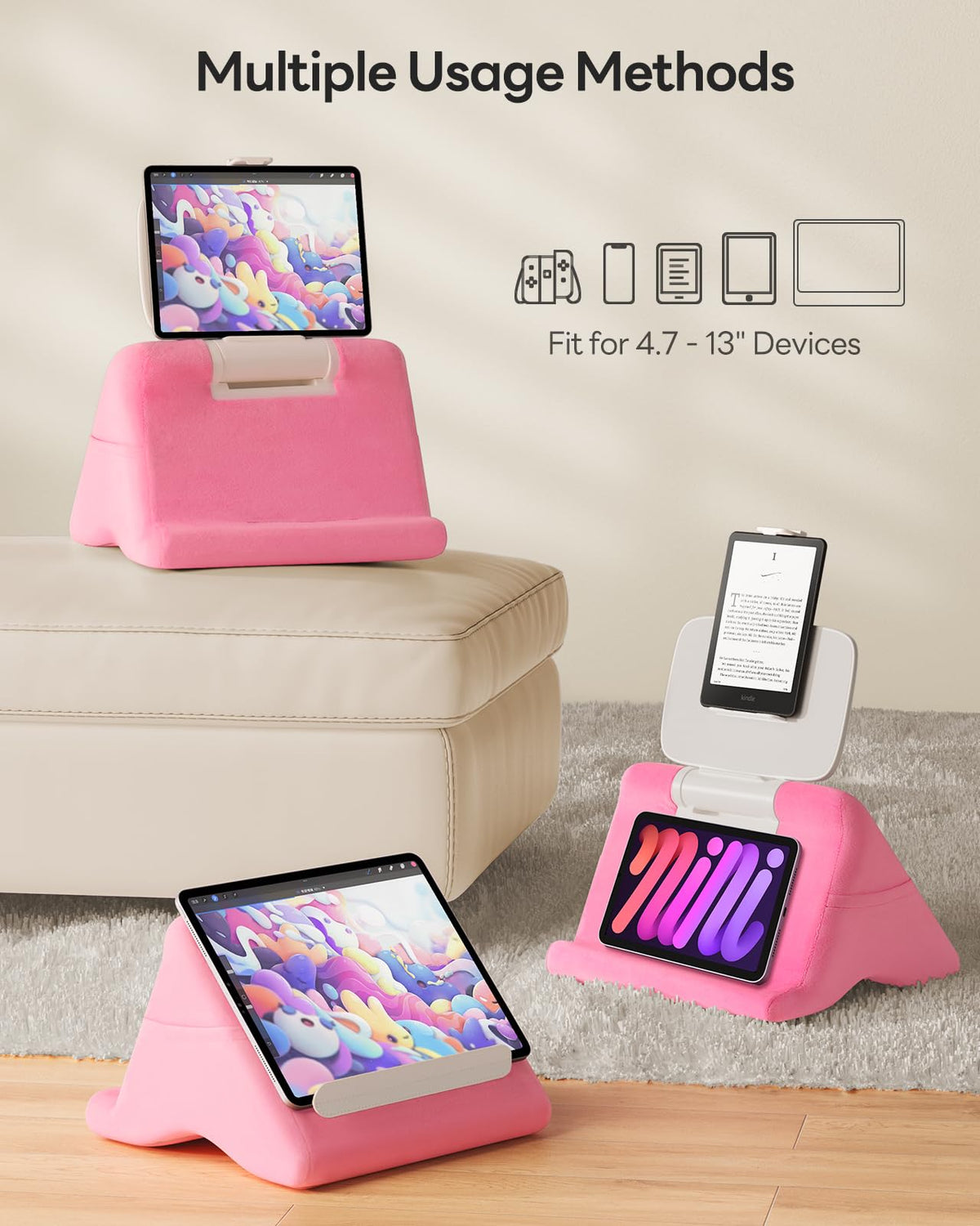 SAIJI Tablet Pillow Stand - iPad mini Kindle Holder for Lap in Bed, with Lifter & Angle Adjustable Multi-Function Clip for 4-13" Tablets, Pink