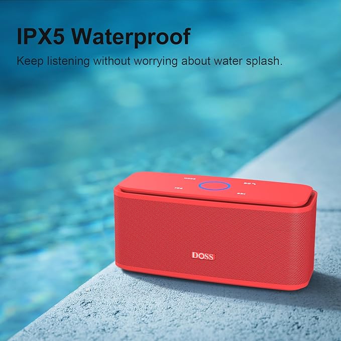 DOSS SoundBox Touch Wireless Bluetooth Speaker with HD Sound and Bass, IPX5 Water-Resistant, 20H Playtime, Handsfree, Portable for Office, Home, Outdoor, Travel-Red