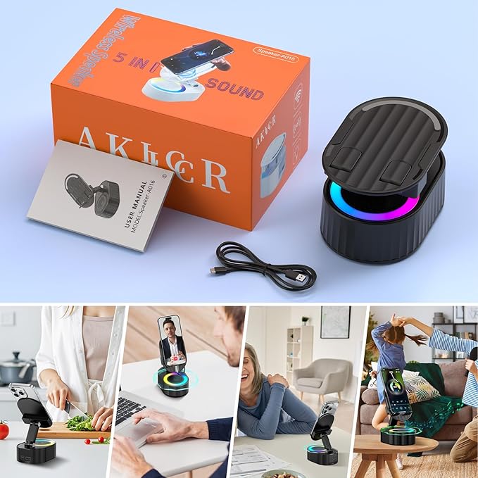 Wireless Induction Audio Bluetooth Speaker 5in1 Phone Holder Emergency Rechargeable (3000mAh) with Colorful Ambient Light 300° Foldable for Tablet iPhone Android, Gifts for Men Women (Black)