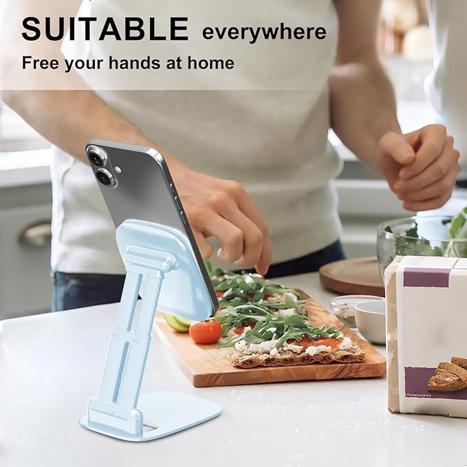 DEERLAMN Cell Phone Stand for Desk, Height Adjustable Cell Phone Holder Portable Desktop Stand, Travel Home Office Desk Accessories Compatible with iPhone 16/15/14/13/12/11 All Smartphone - Light Blue