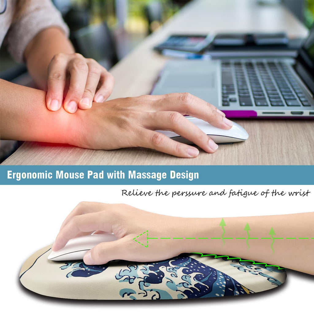 Armanza Ergonomic Mouse Pad Wrist Rest, Japanese Sea Wave Mouse Pad with Wrist Support, Memory Foam Massage Design & Non-Slip PU Base MousePads for Pain Relief, Desk, Office, Home, Kanagawa Wave