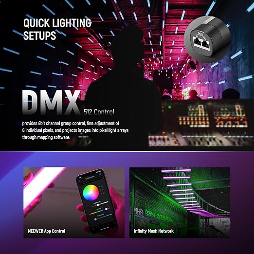 NEEWER TL60 RGB Tube Light, 20W Full Color RGBWW LED Video Lighting Wand Stick for Studio Photography Recording Streaming, APP/2.4G/DMX Control, 7 Pixel Effects 18 Scenes, 2500-10000K CRI97+ TLCI98+