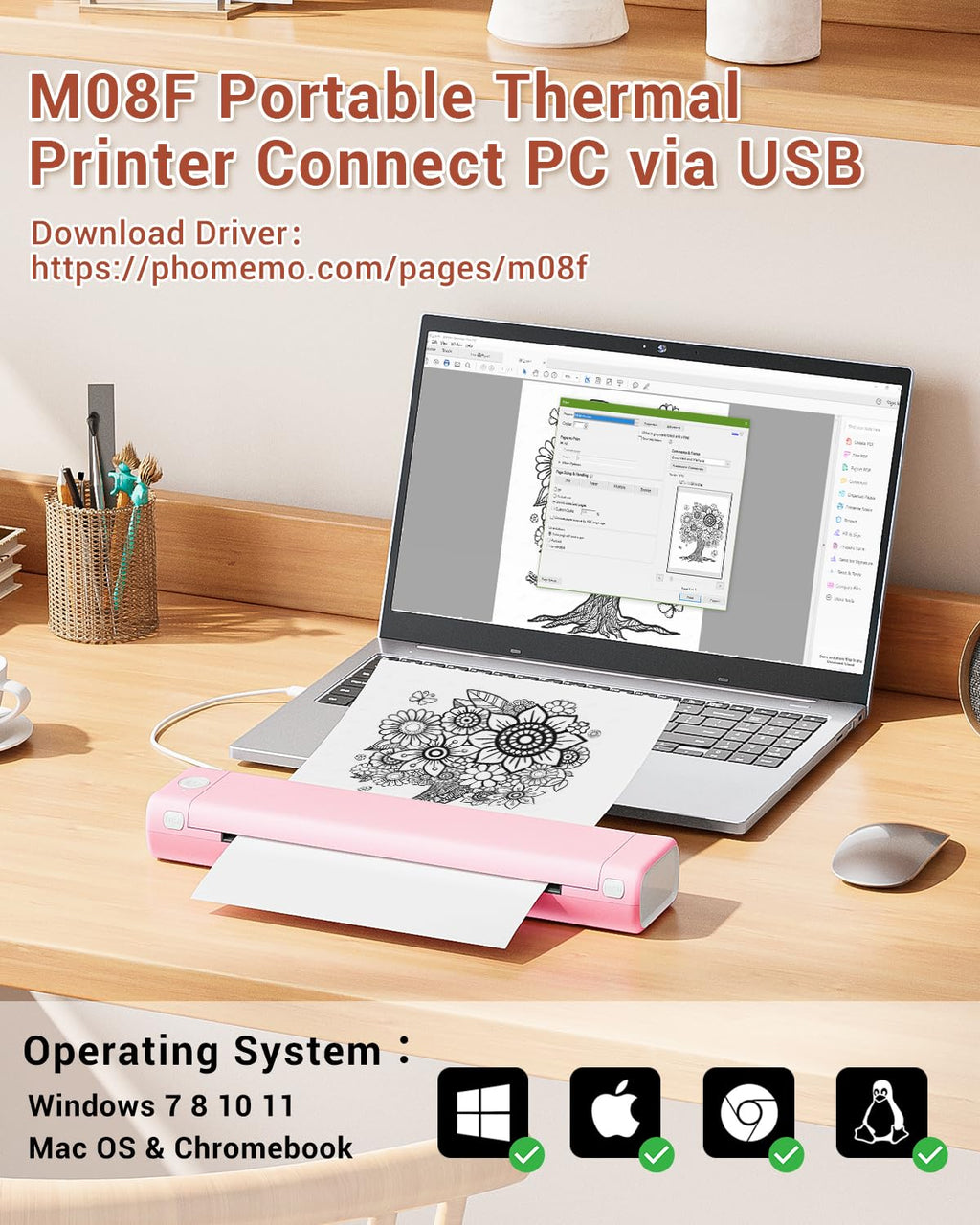 Phomemo Portable Printers Wireless for Travel, M08F Thermal Bluetooth Printer Support for 8.5"x11" US Letter, Small Inkless Printer Compatible with iOS, Android, Laptop for Car, Office, Home