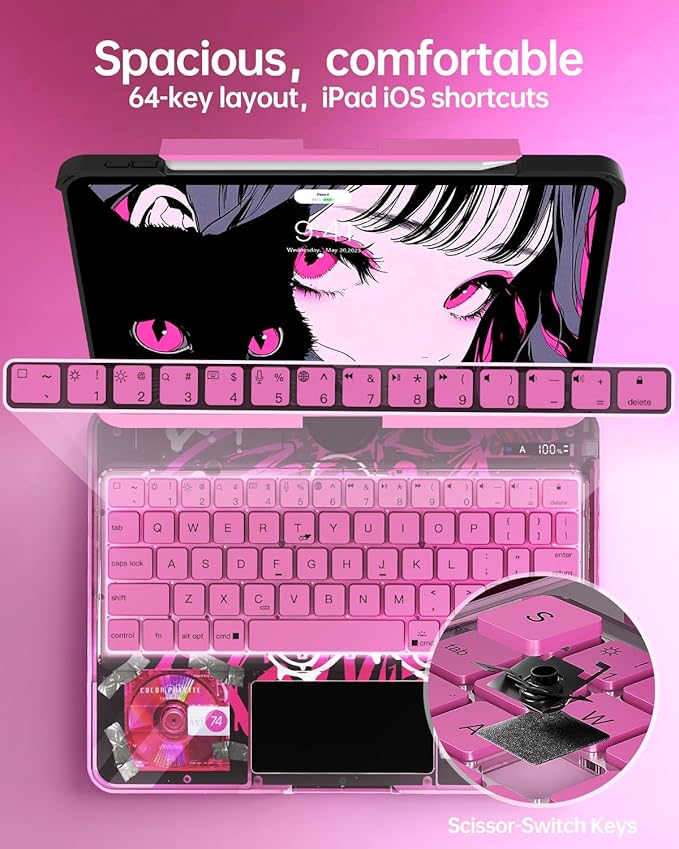 Intermerge Clear Keyboard Case for iPad Air 13" (M3/M2, 2025/2024) & Pro 12.9" (2022-2018) - 360° Rotatable Trackpad, RGB Backlit Keyboard, Pencil Holder, Power Indicator, Type-C, Blush Pulse