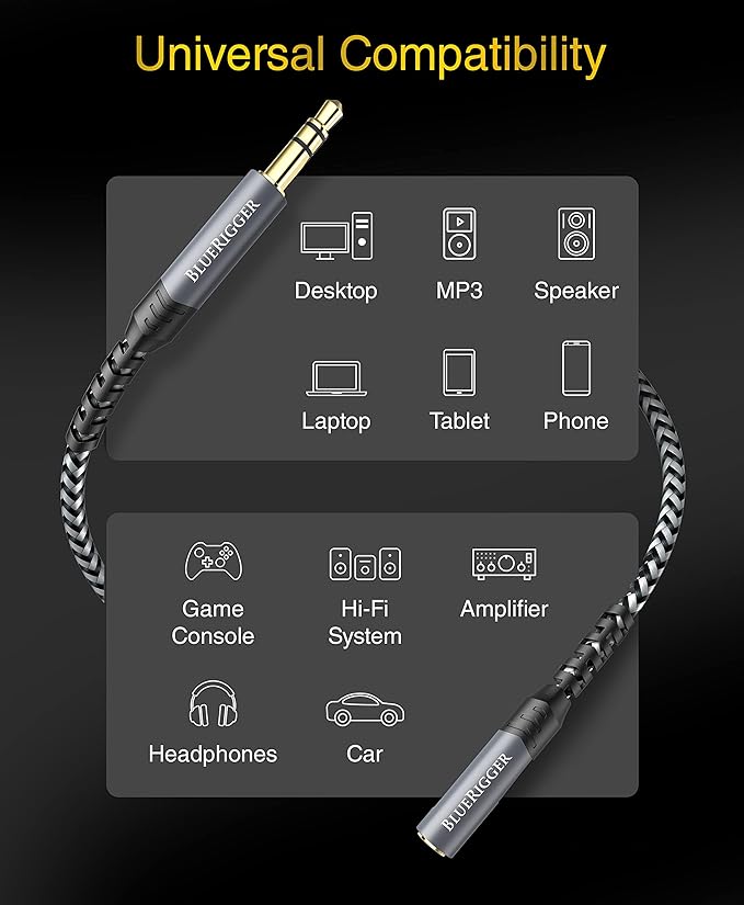 BlueRigger Headphone Extension Cable (50FT, 24K Gold Plated Jack, Hi-Fi Sound, 3.5mm Male to Female Stereo Audio Cable) – Aux Cord for iPod, Laptops, Smartphones, Speakers, Tablets, Home Car Stereo