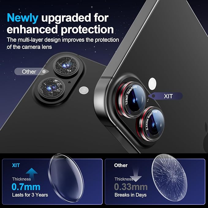 X-it 2 Pack Camera Lens Protector, Shatterproof Anti-Scratch Ultra HD Mechanical Gear Camera Protector, Anti-Glare 9H Tempered Glass Lens Protector for iPhone 16/iPhone 16 Plus, Case Friendly,BlackRed