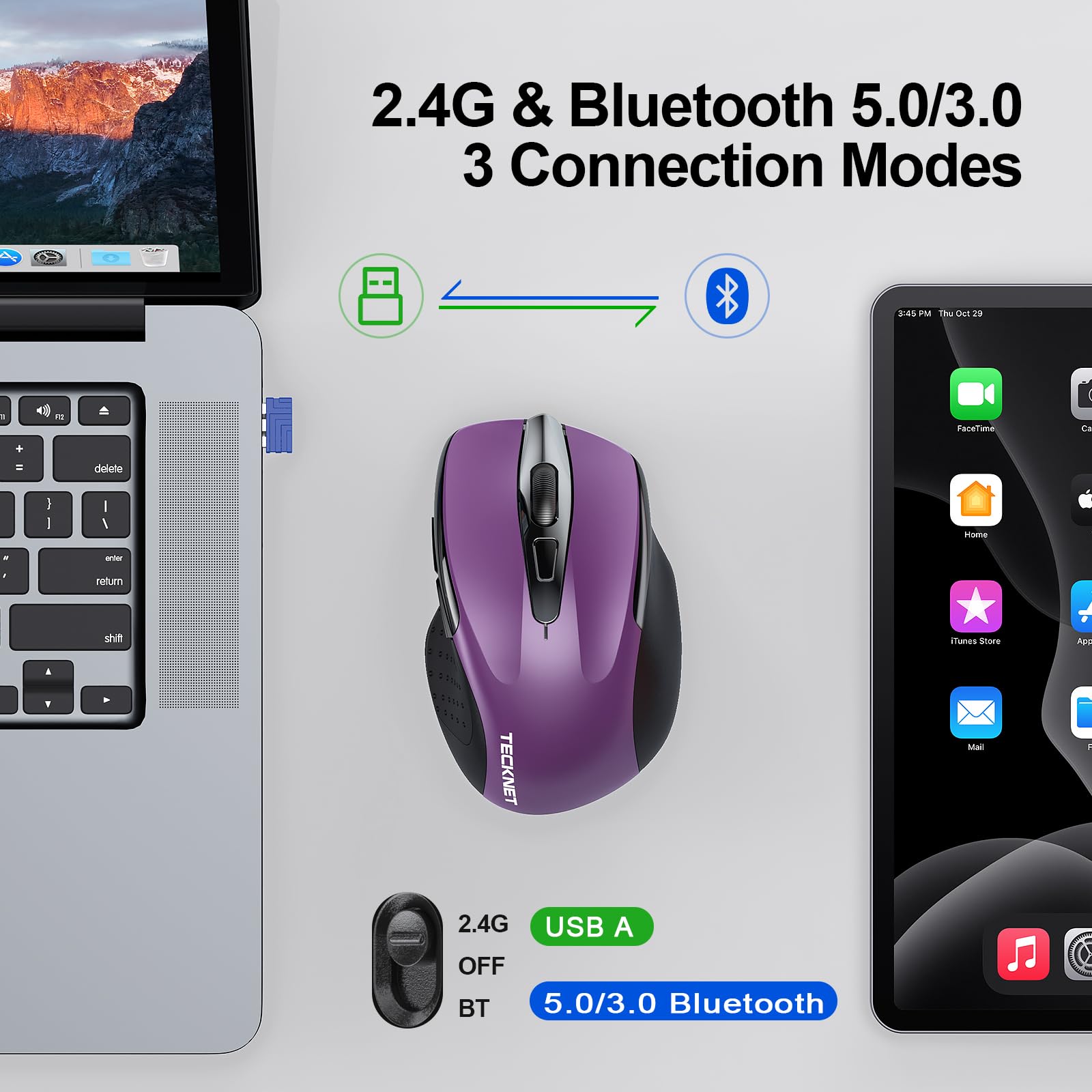 TECKNET Wireless Mouse, BT 5.0/2.4G, Silent 4800 DPI 6 Buttons, Purple