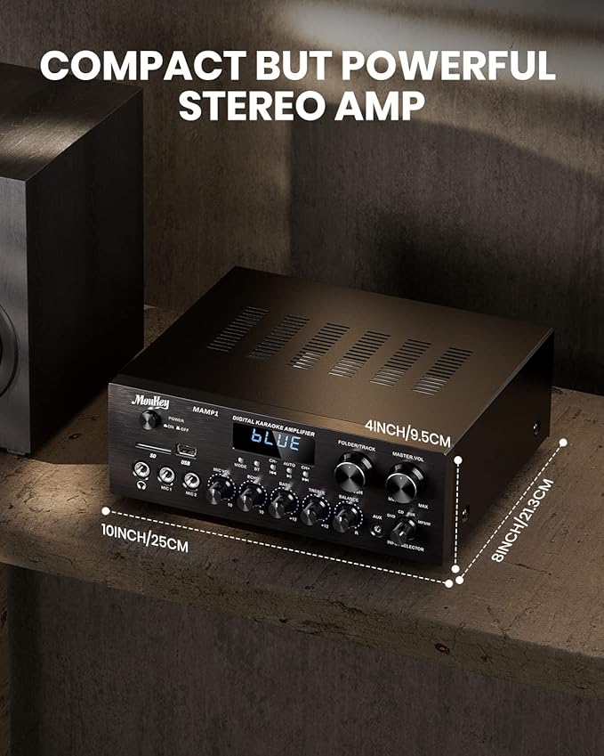 Moukey Stereo Receivers with Bluetooth 5.0, 400W 2.0 Channel Power Audio Amplifier Stereo System w/USB, SD, AUX, RCA, MIC in w/Echo, LED for Karaoke, Home Theater Speakers - MAMP1