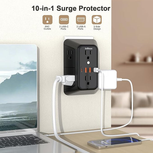 2 Pack Multi Plug Wall Outlet Extender Surge Protector 6 AC Outlet Splitter with 4 USB Ports(2 USB C) Wall Charger 1050J Power Strip 125V/15A, 1875W for Home, Office, Travel Dorm Room Essentials-ETL