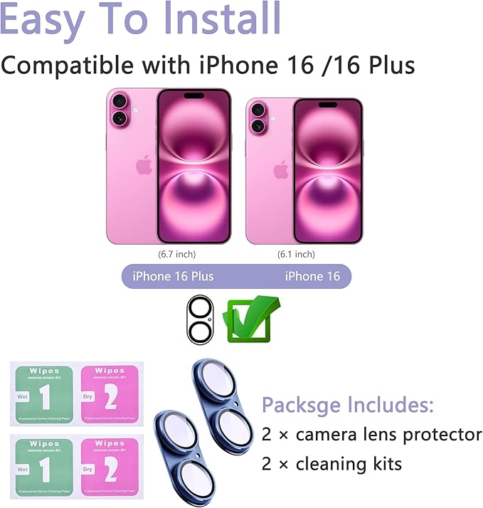 2 Pack Camera Lens Protector for iPhone 16 / iPhone 16 Plus,[Not Easy to Breakn ] AR Tempered Glass Strong Adsorption Metal Camera Cover Screen-Group Blue