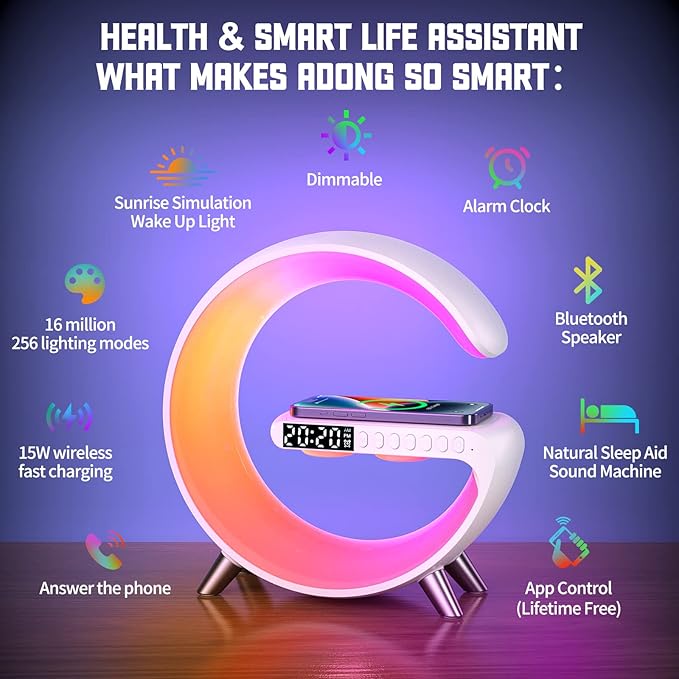 Smart Table Lamp with 4-in-1 Wireless Charger, Night Light, Bluetooth Speaker, Alarm Clock, App Control, Office, Bedroom, Home Decor (White)