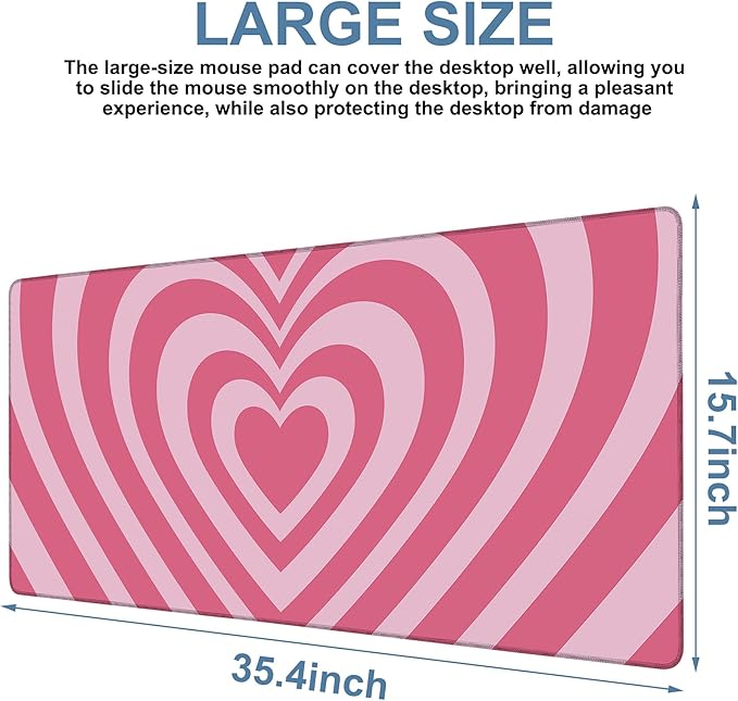 Gaming Desk Pad Large Extra Length Retro Style Hearts Mouse Pad Keyboard Laptop Non-Slip Waterproof with Rubber Base Thick Stitched Edge Mouse Mat for Office Home 35.4 x 15.7 Inches