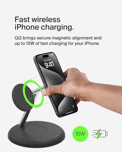 Belkin Qi2 15W Magnetic Wireless Charging Stand, 3 in 1 Fast Charger
