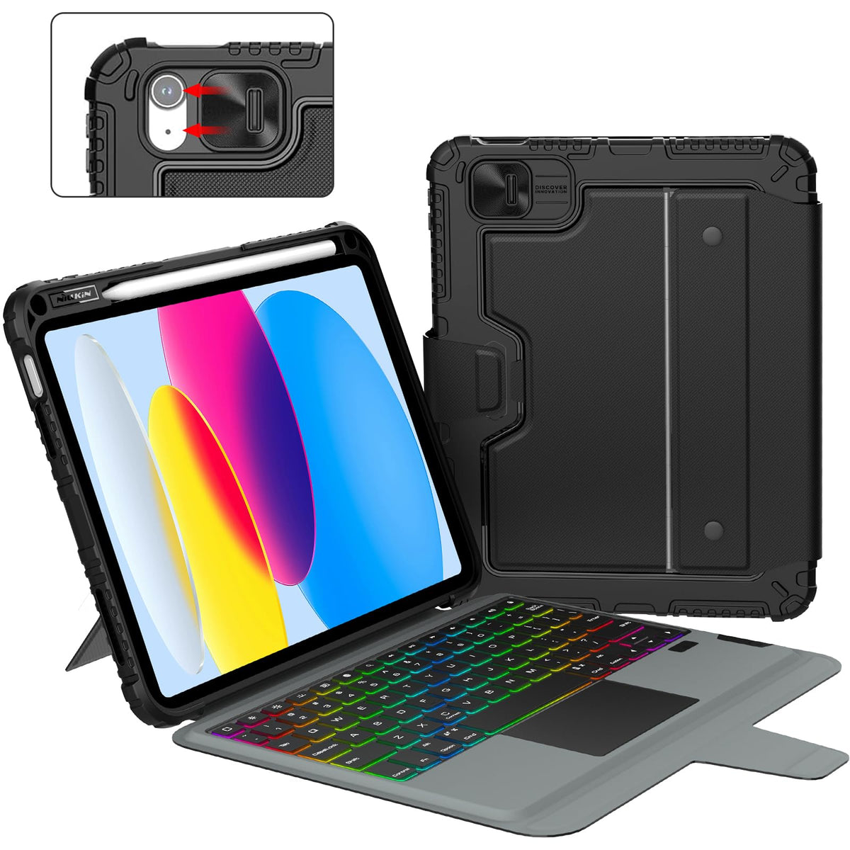 Nillkin Protective iPad A16 11th 10th Gen Case with Keyboard, Portrait/Landscape Modes, Detachable Keyboard with Multi-Touch Trackpad, Camera Cover & Pencil Holder for iPad 11th 2025/10th 2022 10.9"