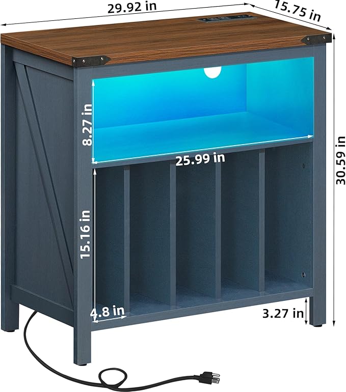Large Record Player Stand with Charging Station & LED Lights, Vinyl Records Storage Holder Cabinet Holds up to 230 Albums, Turntable Stand for Music Room, Bedroom, Living Room, Office (Blue)