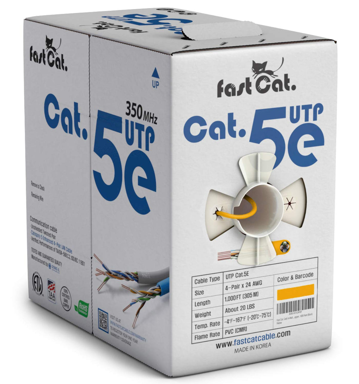 fast Cat. Cat5e Ethernet Cable 1000ft - ETL Listed 24 AWG, CMR, Insulated Bare Copper Wire Cat 5 ethernet Cable with FastReel - 350MHZ / Gigabit Speed UTP Cable Cat5e - CMR (Blue)