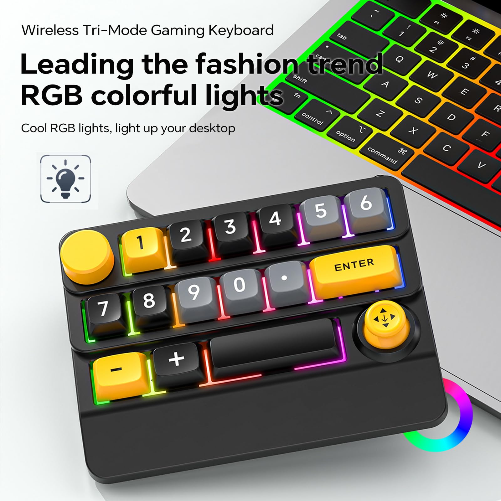 Adventurers W909 Wireless RGB Mechanical Numeric Keypad, Hot-Swappable, Macro-Programmable Numpad, Joystick & Knob Control for PC/Tablet/Laptop/Phone, Tri-Mode Connectivity (Yellow on Black)