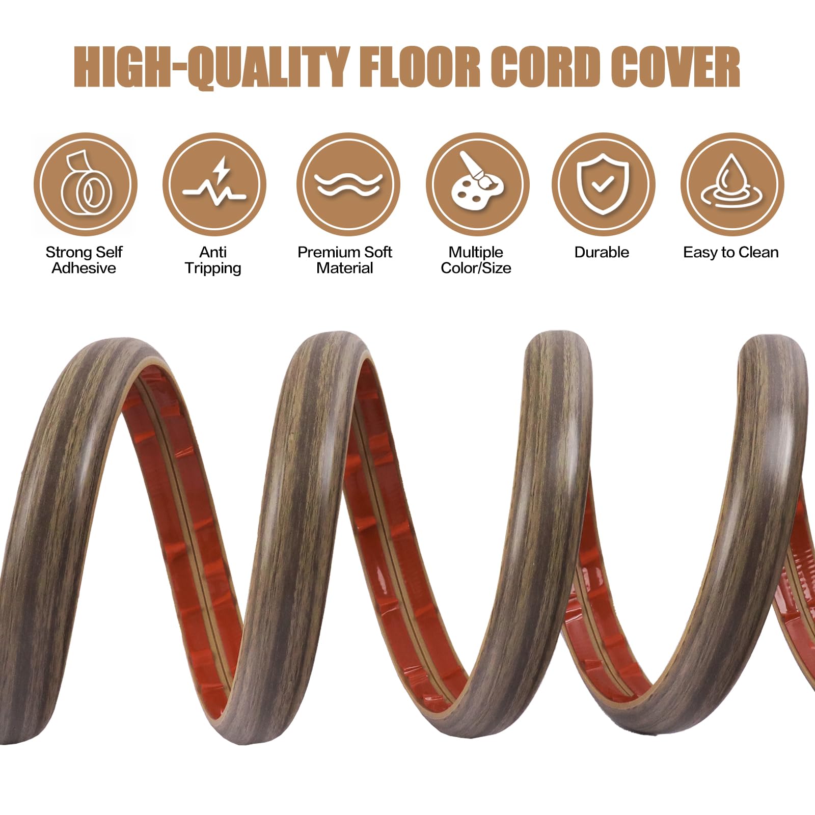 Floor Cord Cover Self Adhesive Cord Hider,10FT Cable Management, Extension Strip Protector for Wires, Prevent Cable Trips for Offices, Gyms, Exhibitions Cavity:0.47"(W) x 0.35"(H) Wood Walnut