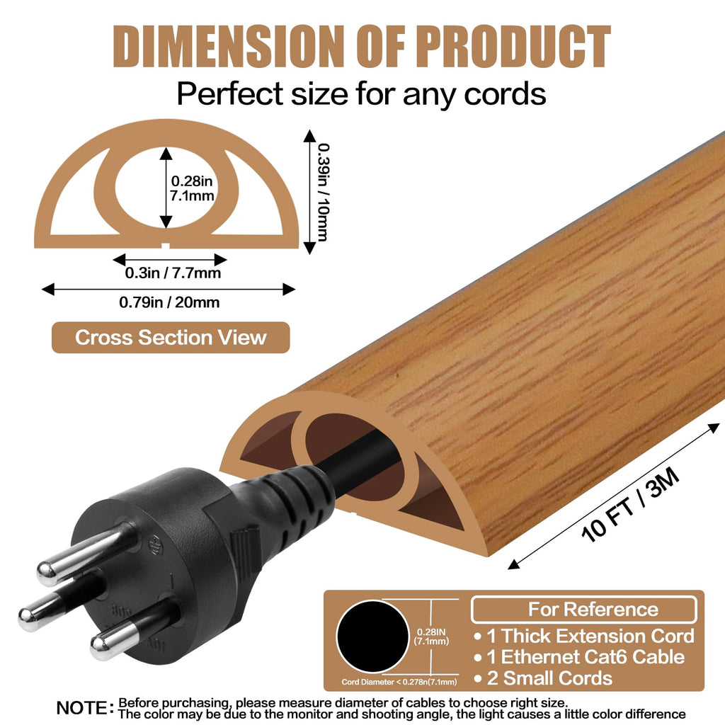 Floor Cord Cover Self Adhesive Cord Hider,10FT Cable Management, Extension Strip Protector for Wires, Prevent Cable Trips for Offices, Gyms, Exhibitions Cavity:0.3"(W) x 0.28"(H) Brown Wood