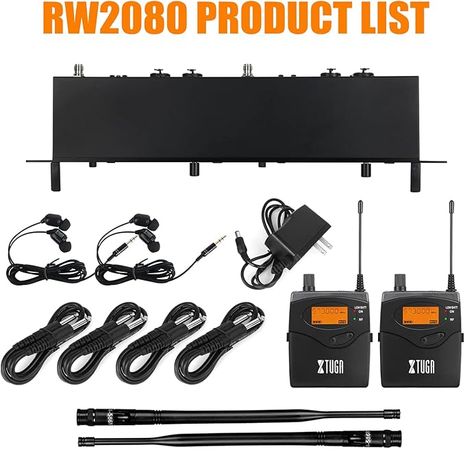 XTUGA RW2080 Wireless in Ear Monitor System Mono Design Dual Channel Wireless IEM System 5 Bodypacks, 300Ft, 40 UHF Frequencies, in Ears Monitors for Band, Stage or Studio, 902-928mhz