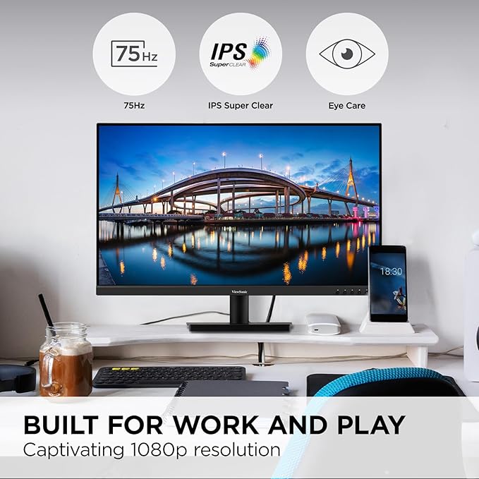 ViewSonic VA3209M 32 Inch IPS Full HD 1080p Monitor with Thin Bezels, 75Hz, Eye Care, HDMI, VGA Inputs for Home and Office