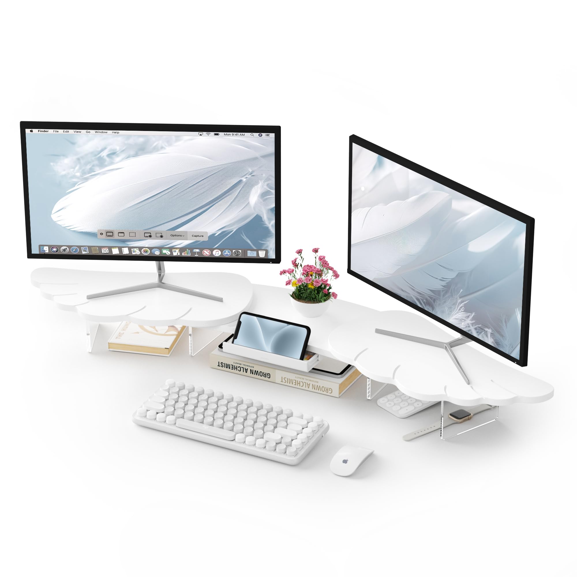 AFOOYO Dual Monitor Stand Riser, Wing-Shaped Sturdy Desktop Wood Stand for 2 Monitors, White Riser for Laptop, PC, Computer