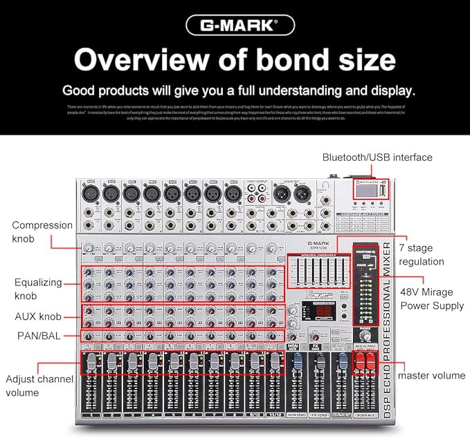 G-MARK GMX1200 DJ Mixer 12 Channel Professional Audio Mixer USB Mixing Console Music Studio 8 Mono 4 Stereo 7 Band EQ 16 Effect Podcast Streaming Audio Interface
