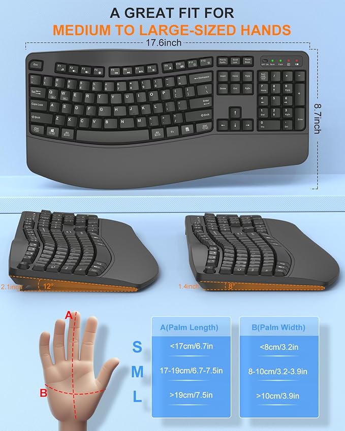 EDJO Ergonomic Wireless Keyboard for Large Hands, with Wrist Rest, Wave Keys, 2.4GHz Full Size Ergo Cordless USB Computer Keyboard, Comfortable Natural Typing, for Laptop, Mac, Windows (Gray)