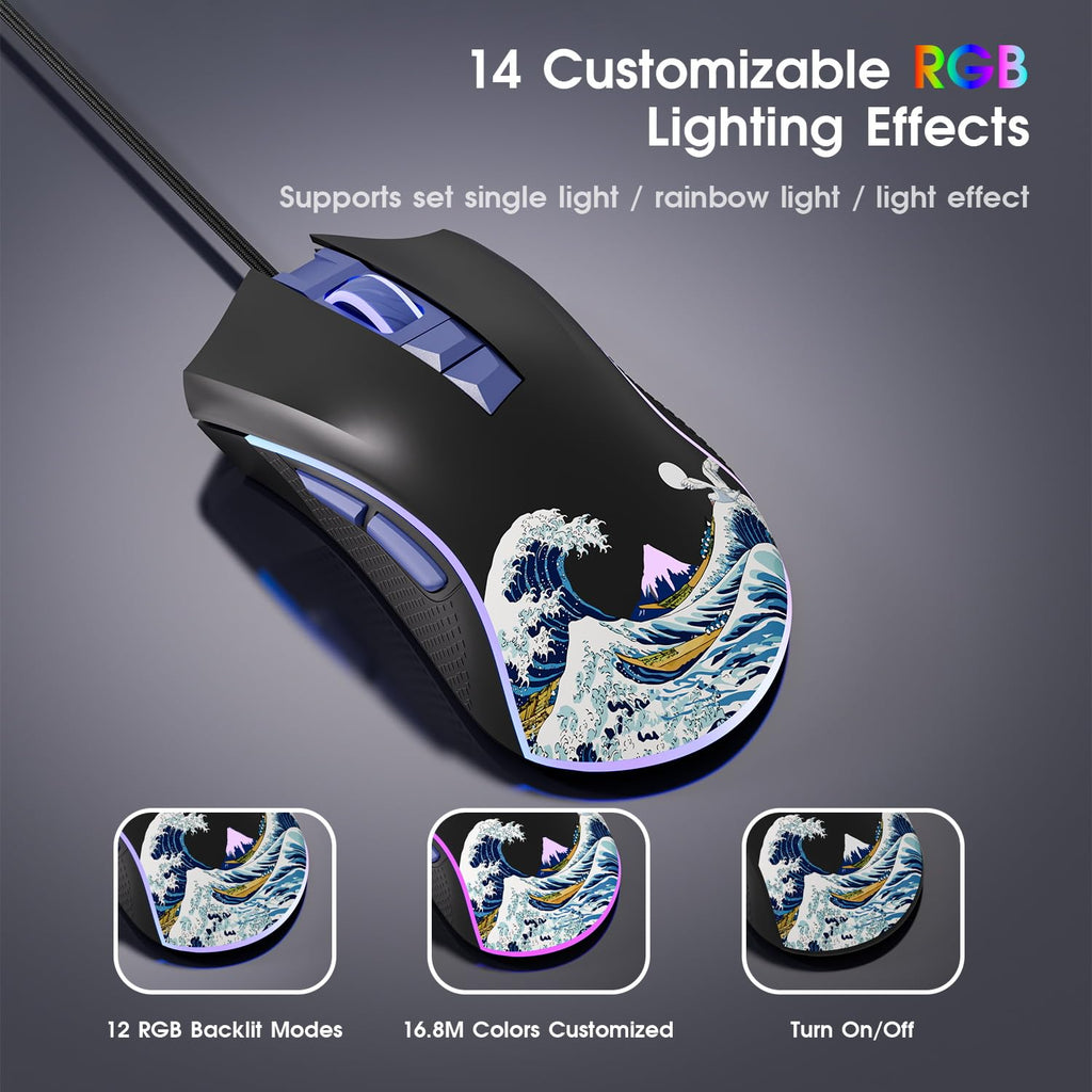 XVX Wired Gaming Mouse, 12000 DPI RGB Mouse with 12 Backlit Modes & 7 Macro Buttons, PC Gaming Mice Support DIY Keybinding, Gamer Computer Mice for Laptop PC Mac Windows, Kanagawa