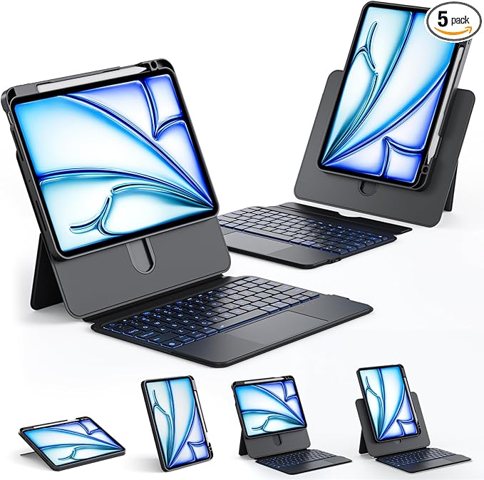 ONLY fit for iPad 12.9 inch Pro 6/5/4/3rd Gen & 13 inch iPad Air (2025 M3, 2024 M2) Case with Detachable Keyboard Trackpad, 360 Rotate Cover Pencil Holder 12 Shortcut Key 7 Color Backlit, Black
