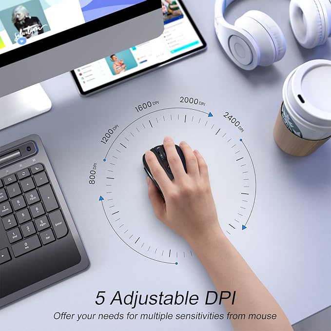 Wireless Mouse, D-09 Computer Mouse USB Cordless Mice for Laptop, Ergo Grips, Lightspeed 5-Level 2400 DPI, 16 Months Battery, Portable for PC Mac Chromebook (Bluetooth, 1 Pack)
