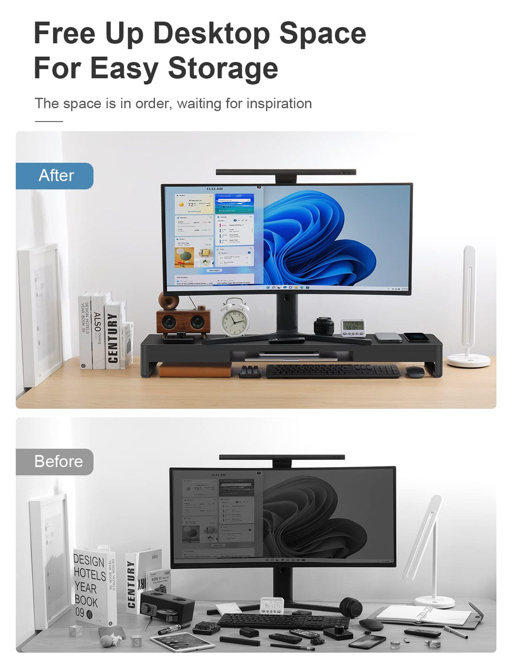 meatanty Dual Monitor Stand Riser with 2 Storage Drawers, Metal Computer Monitor Stand Monitor Shelf with Pull Out Drawer, Keyboard and Mouse Storage Desktop Organizer for PC,Laptop,iMac,TV,Printer
